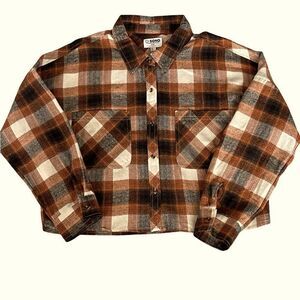 Ci Sono  Cropped Plaid Button Down Shirt - Brown and White